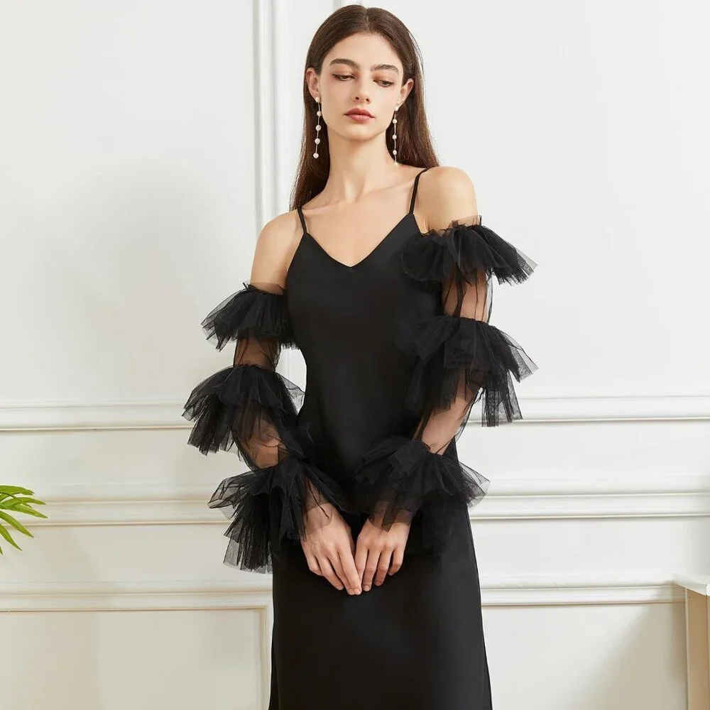 Women's Black Satin Tulle  Ruffled Puff Long Gloves Banquet Wedding Party